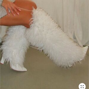 Fashion Nova White Furry Heeled Boots
